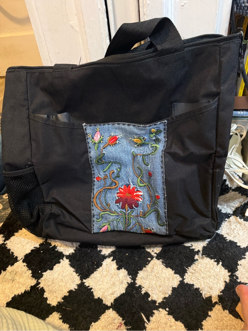 Black Tote Bag with hand made Embroidered Floral Panel